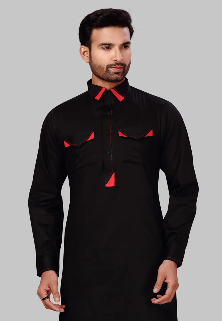 Black Cotton Pathani Suit
