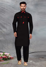 Load image into Gallery viewer, Black Cotton Pathani Suit
