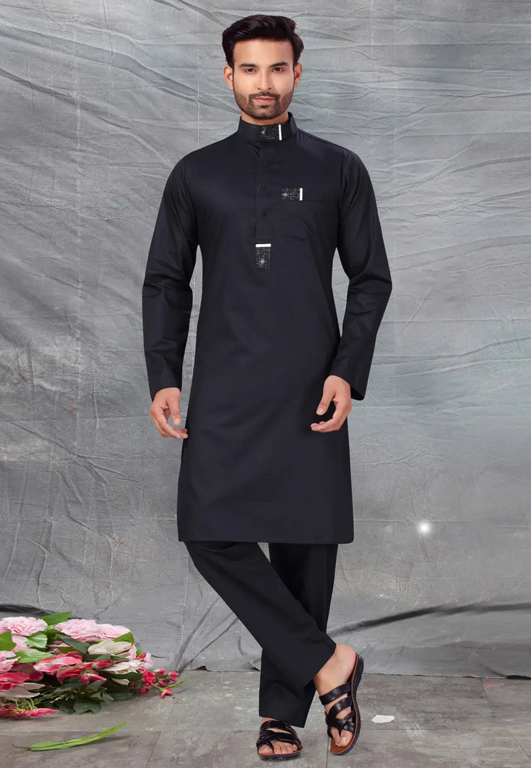 Black Cotton Pathani Suit