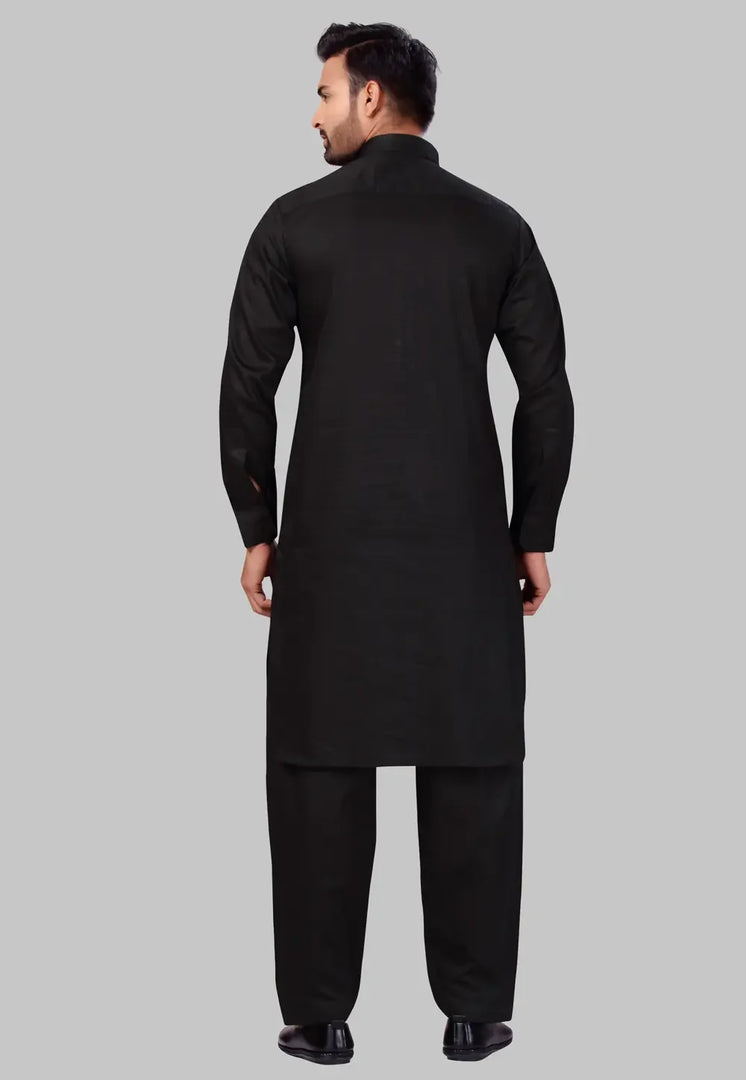 Black Cotton Pathani Suit