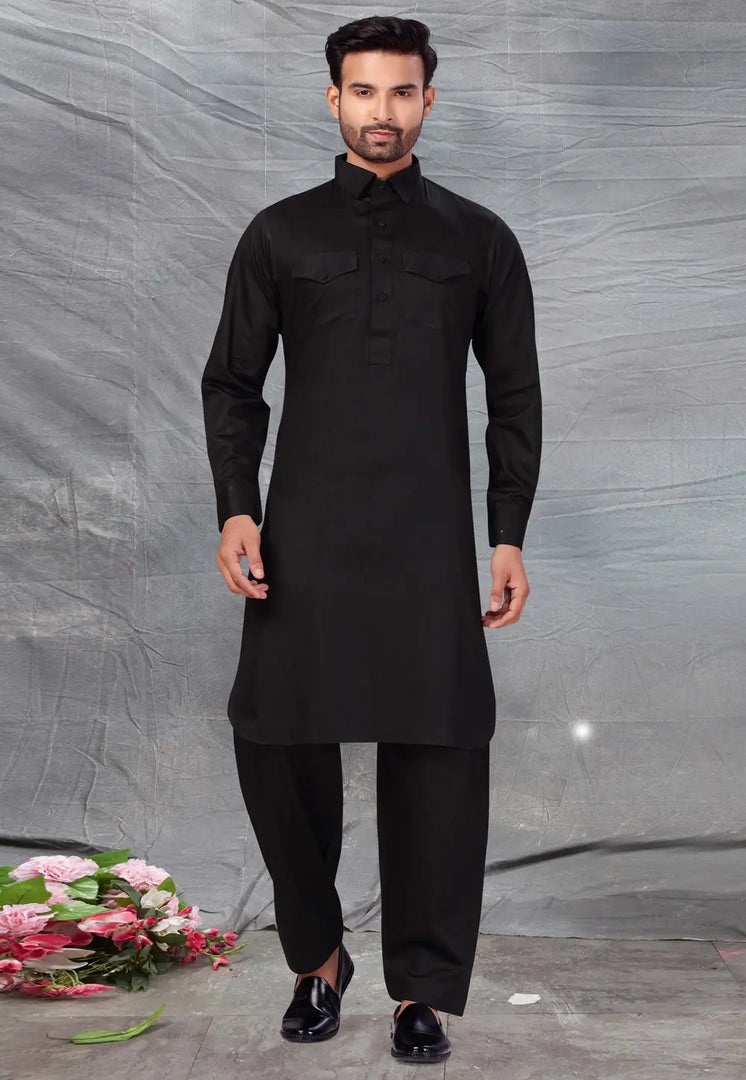 Black Cotton Pathani Suit