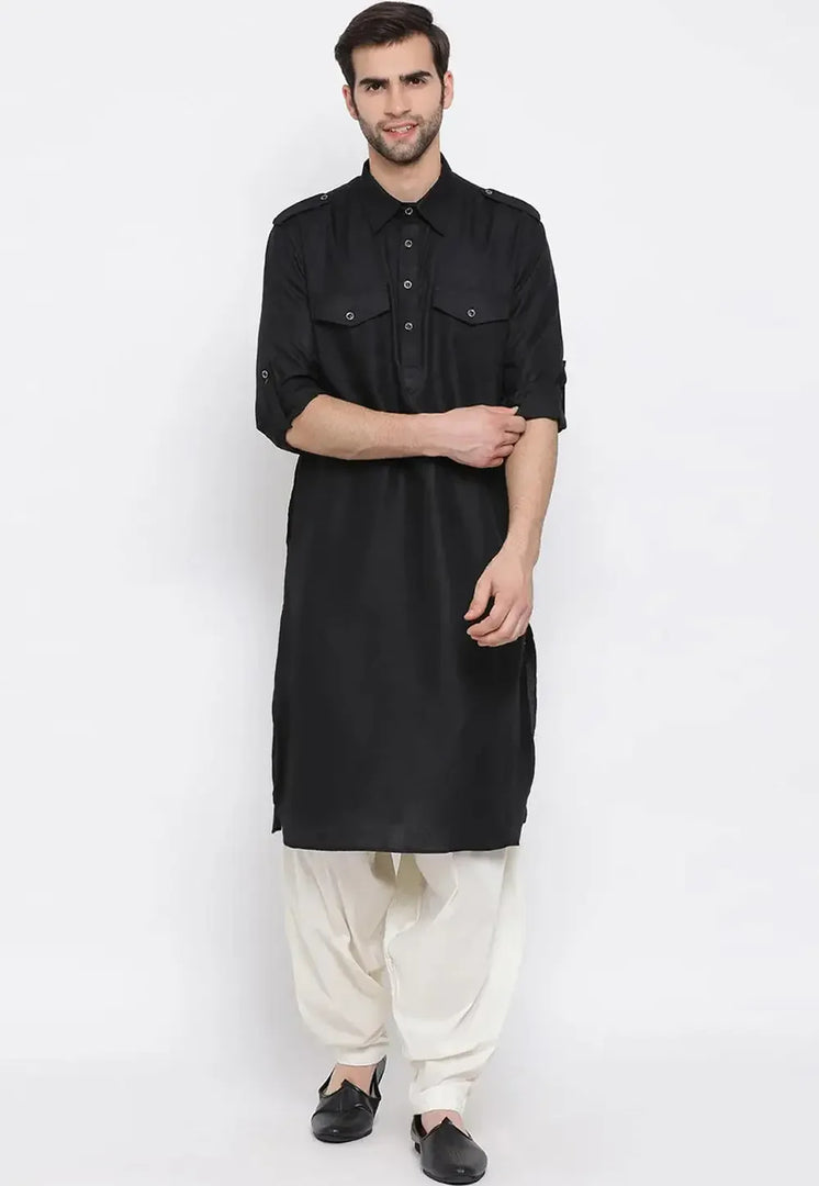 Black Cotton Pathani Suit