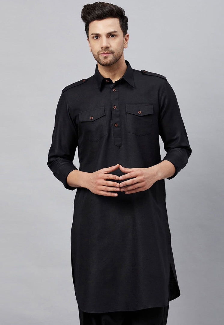 Black Cotton Pathani Suit