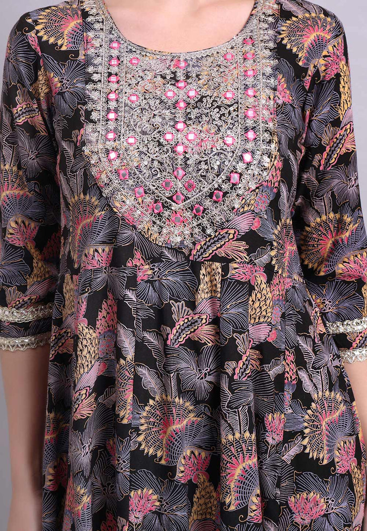 Black Cotton Printed Long Kurti