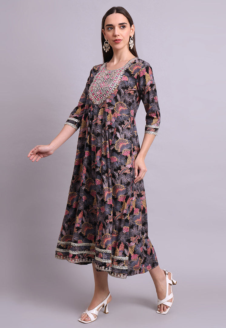 Black Cotton Printed Long Kurti
