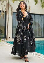 Load image into Gallery viewer, Black Cotton Readymade Anarkali Suit
