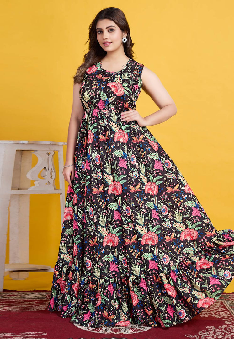 Black Cotton Readymade Long Anarkali Suit