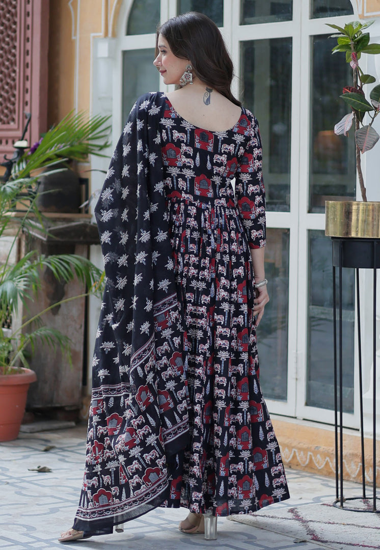 Black Cotton Readymade Long Anarkali Suit