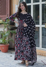 Load image into Gallery viewer, Black Cotton Readymade Long Anarkali Suit
