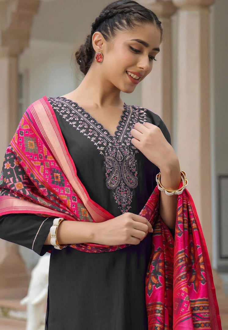 Black Cotton Readymade Pant Style Suit
