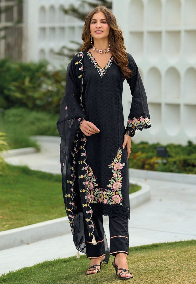 Black Cotton Readymade Pant Style Suit