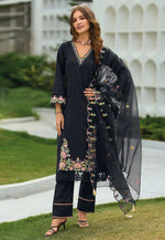 Load image into Gallery viewer, Black Cotton Readymade Pant Style Suit
