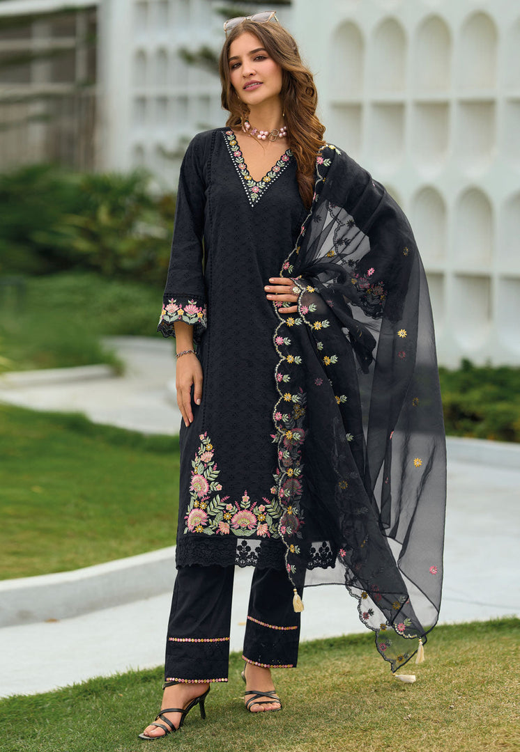 Black Cotton Readymade Pant Style Suit