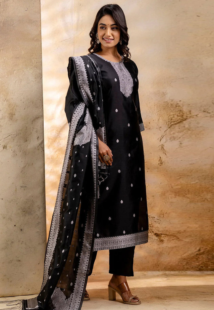 Black Cotton Readymade Pant Style Suit