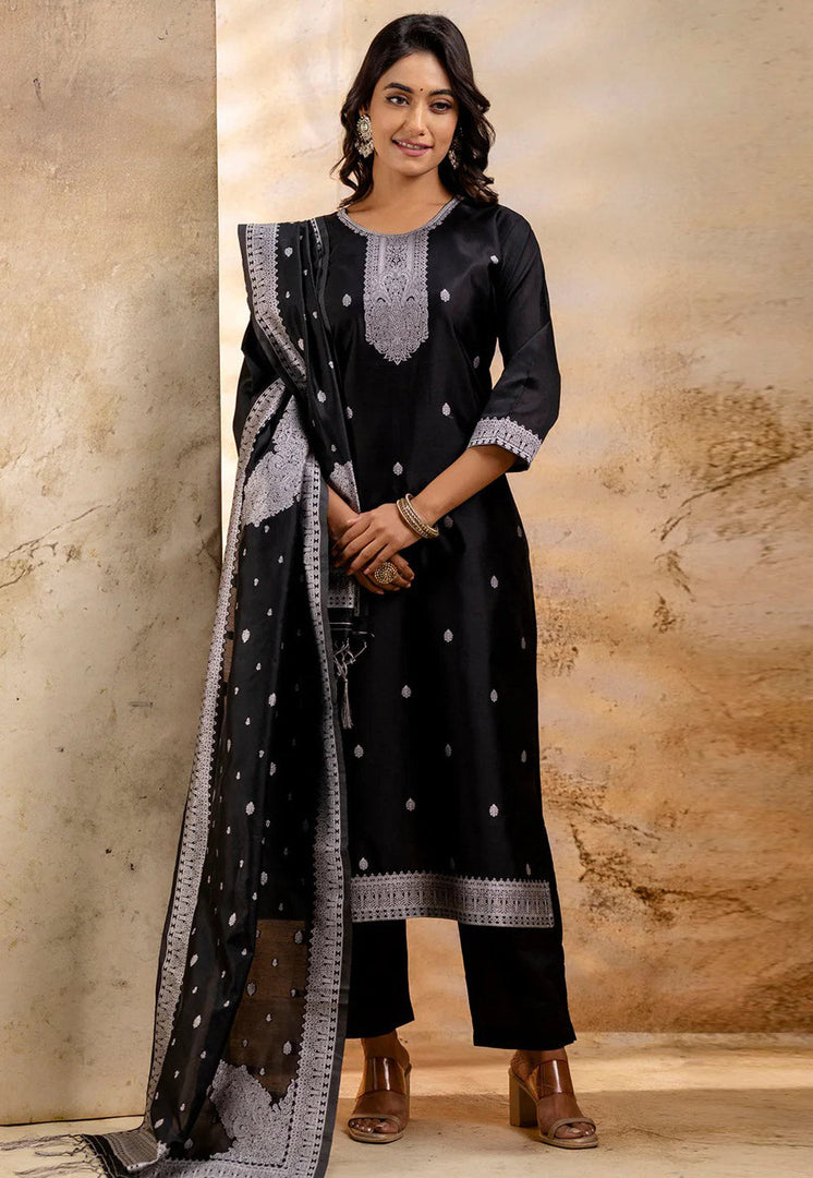 Black Cotton Readymade Pant Style Suit