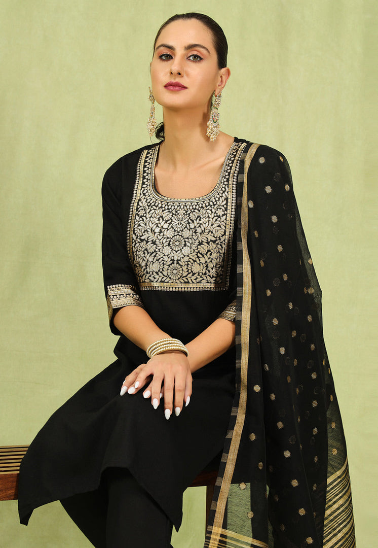 Black Cotton Readymade Pant Style Suit