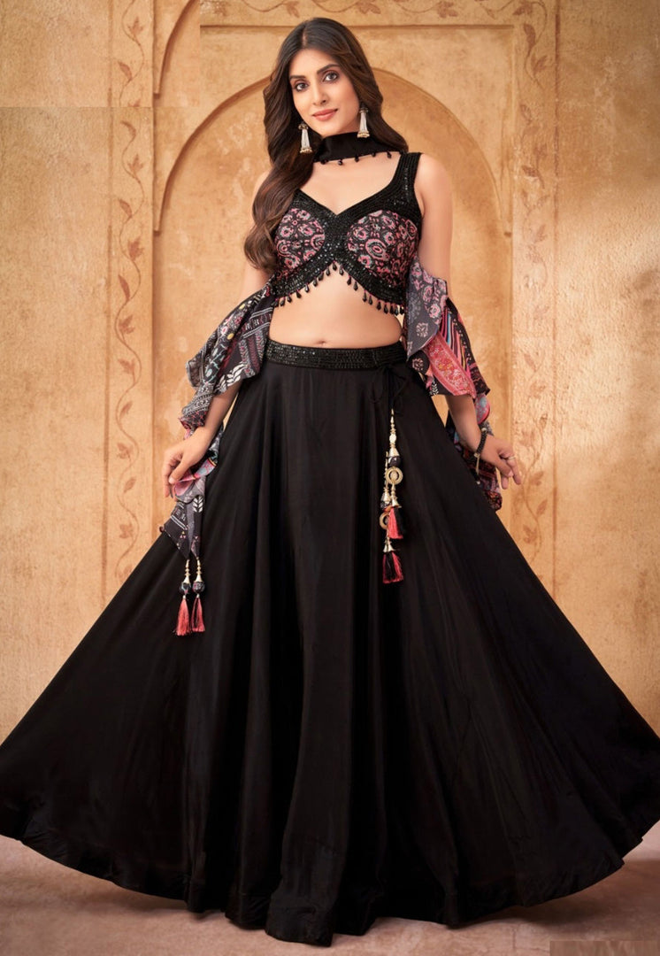 Black Crepe Readymade Lehenga Choli