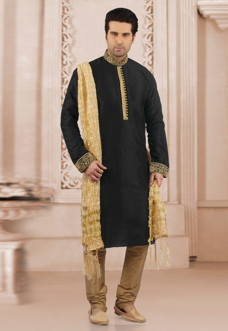 Black Dupion Silk Kurta Pajama