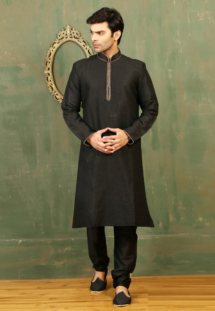 Black Dupion Silk Kurta Pajama