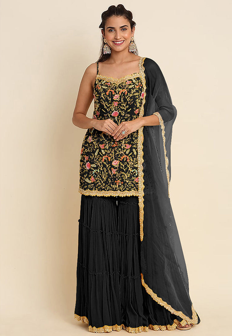 Black Faux Georgette Gharara Suit
