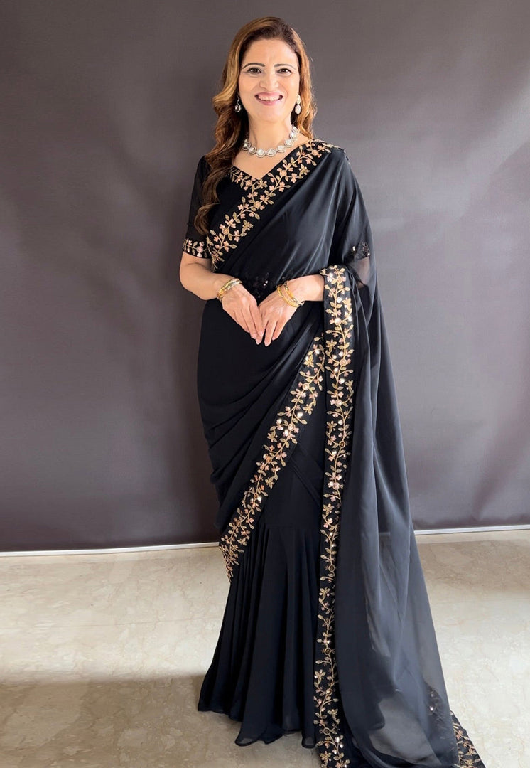Black Faux Georgette Lehenga Saree