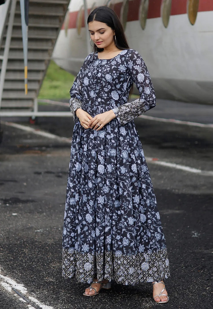 Black Faux Georgette Printed Gown