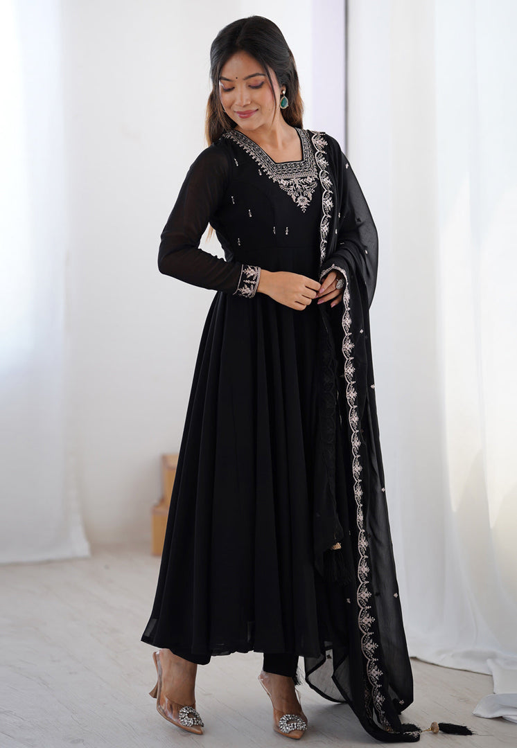 Black Faux Georgette Readymade Anarkali Suit