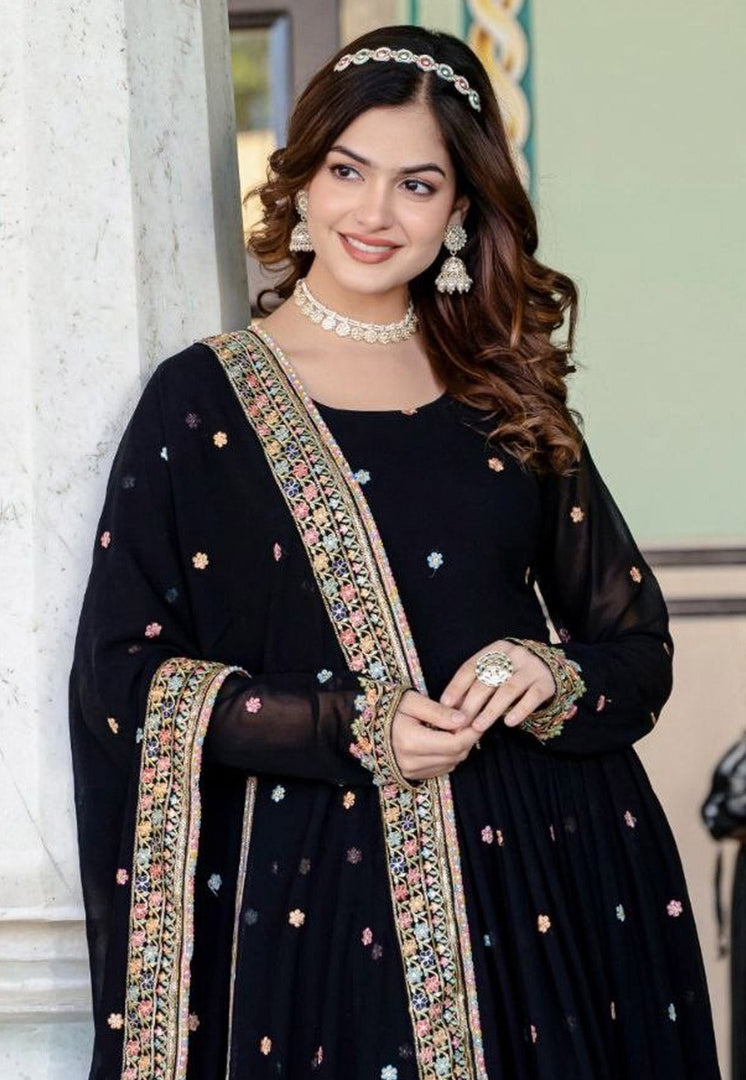 Black Faux Georgette Readymade Anarkali Suit