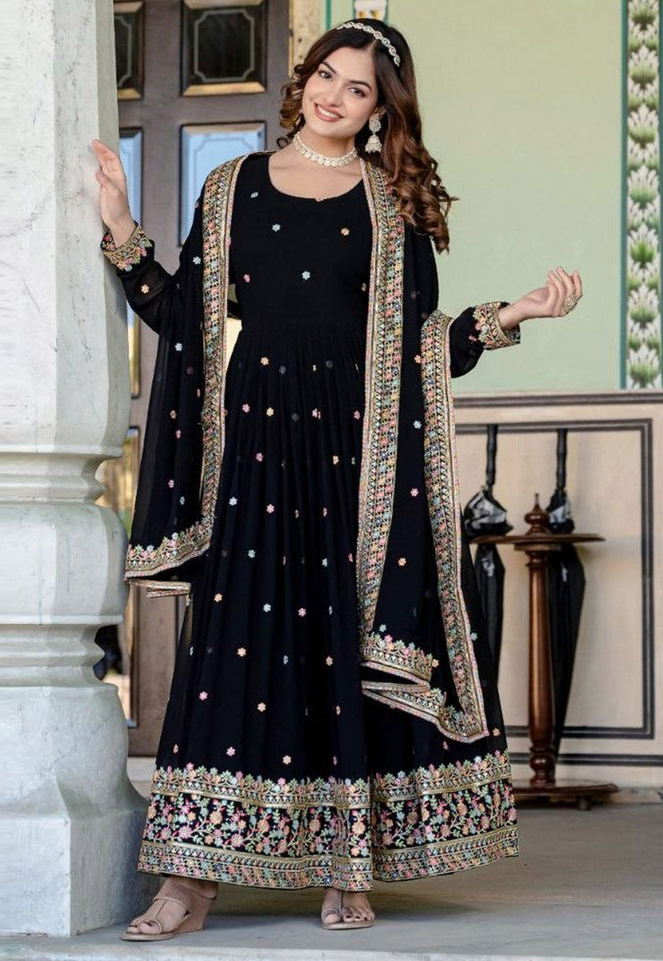 Black Faux Georgette Readymade Anarkali Suit