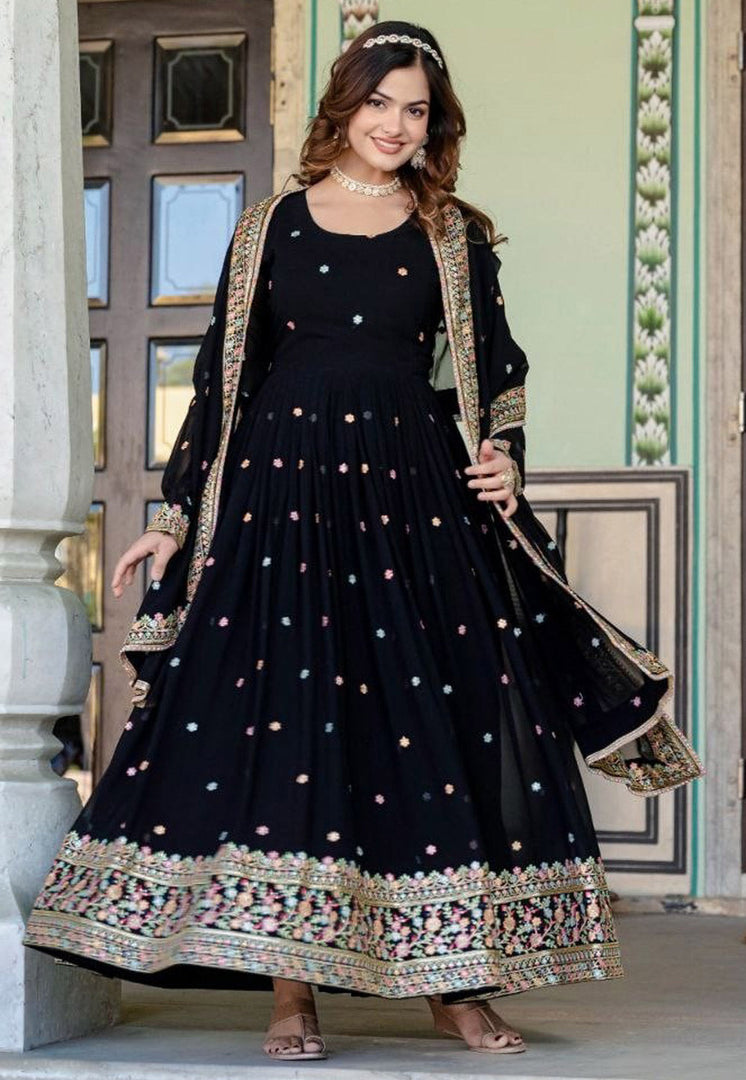 Black Faux Georgette Readymade Anarkali Suit