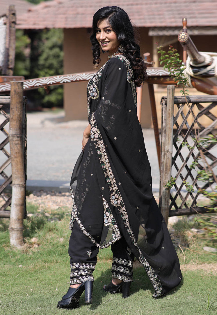 Black Faux Georgette Readymade Pant Style Suit