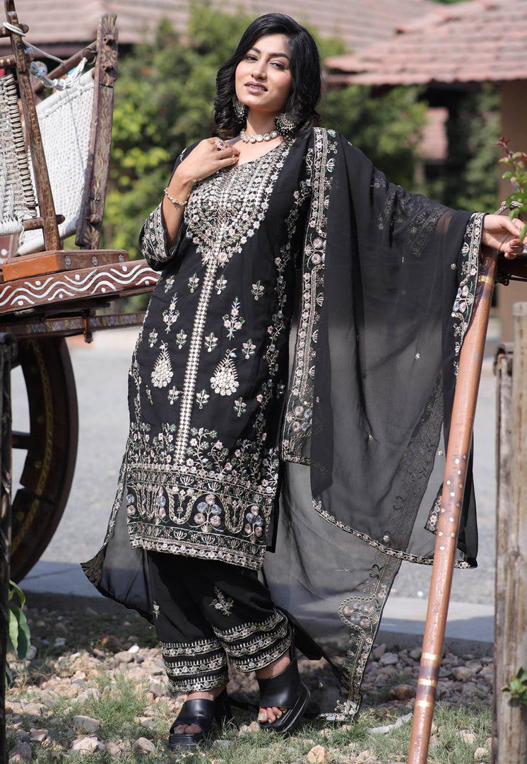 Black Faux Georgette Readymade Pant Style Suit