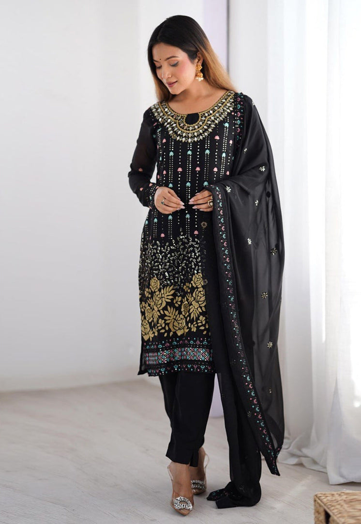 Black Faux Georgette Readymade Pant Style Suit
