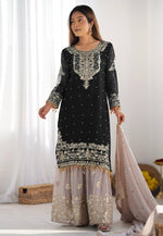 Load image into Gallery viewer, Black Faux Georgette Readymade Sharara Suit
