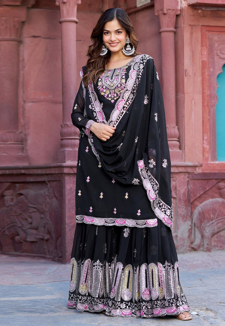 Black Faux Georgette Readymade Sharara Suit
