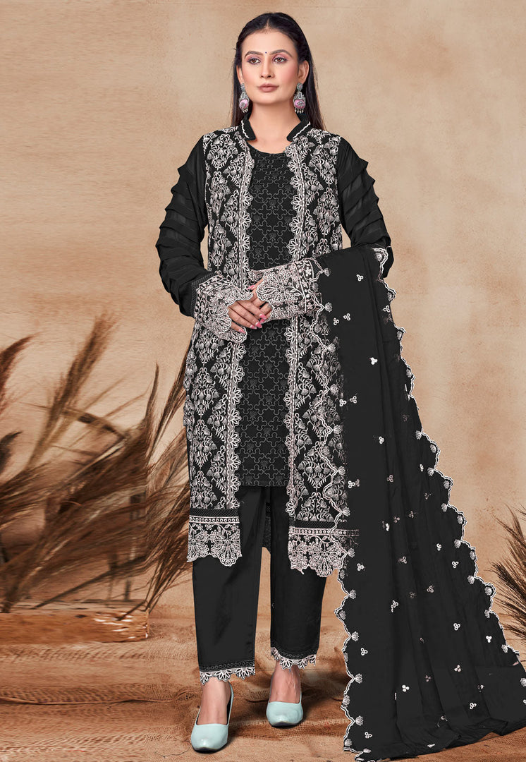 Black Georgette Embroidered Jacket Style Suit