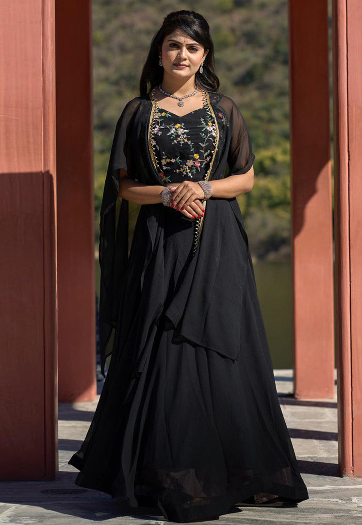 Black Georgette Readymade A Line Lehenga Choli