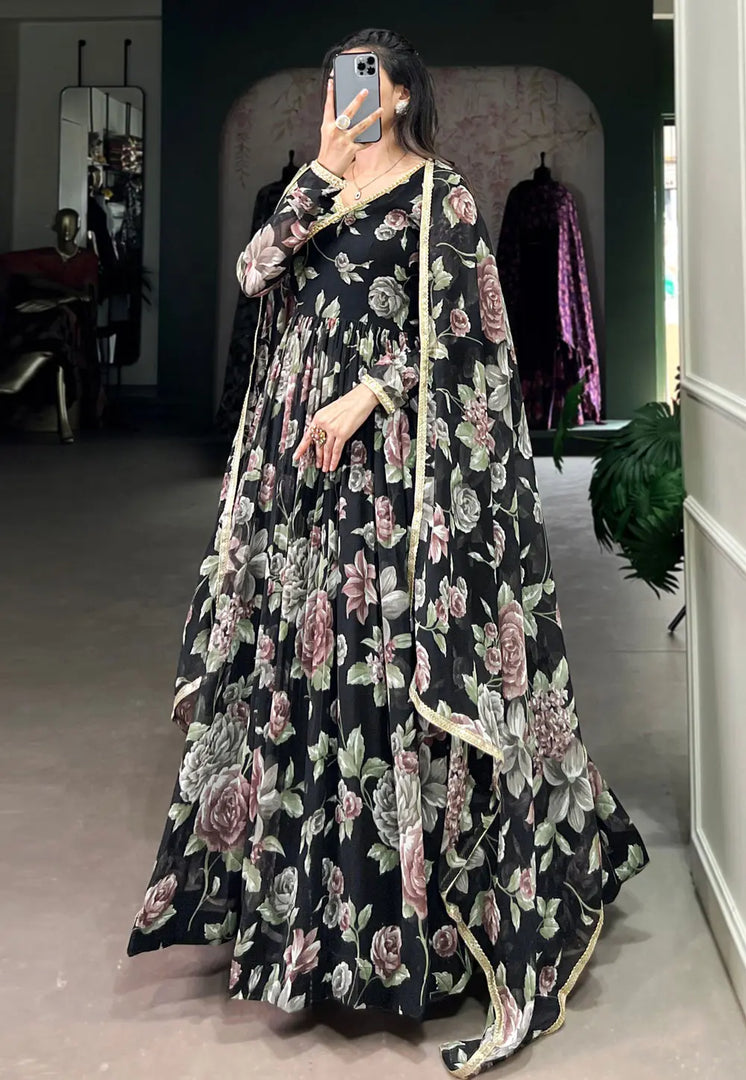 Black Georgette Readymade Long Anarkali Suit