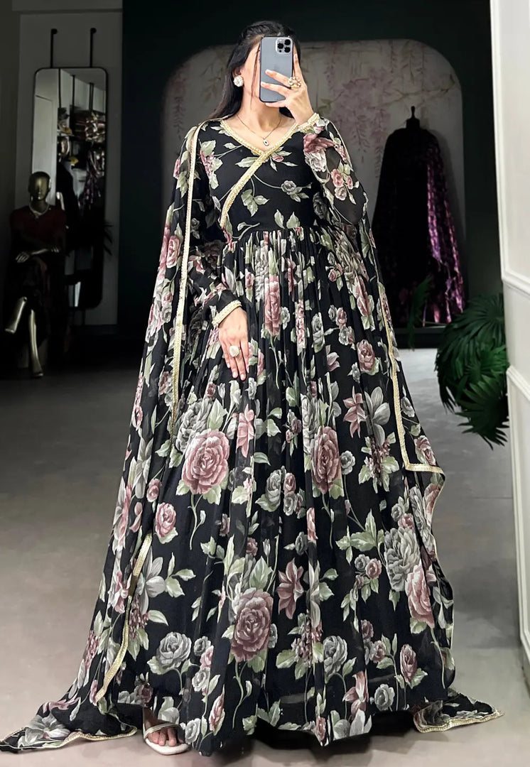 Black Georgette Readymade Long Anarkali Suit