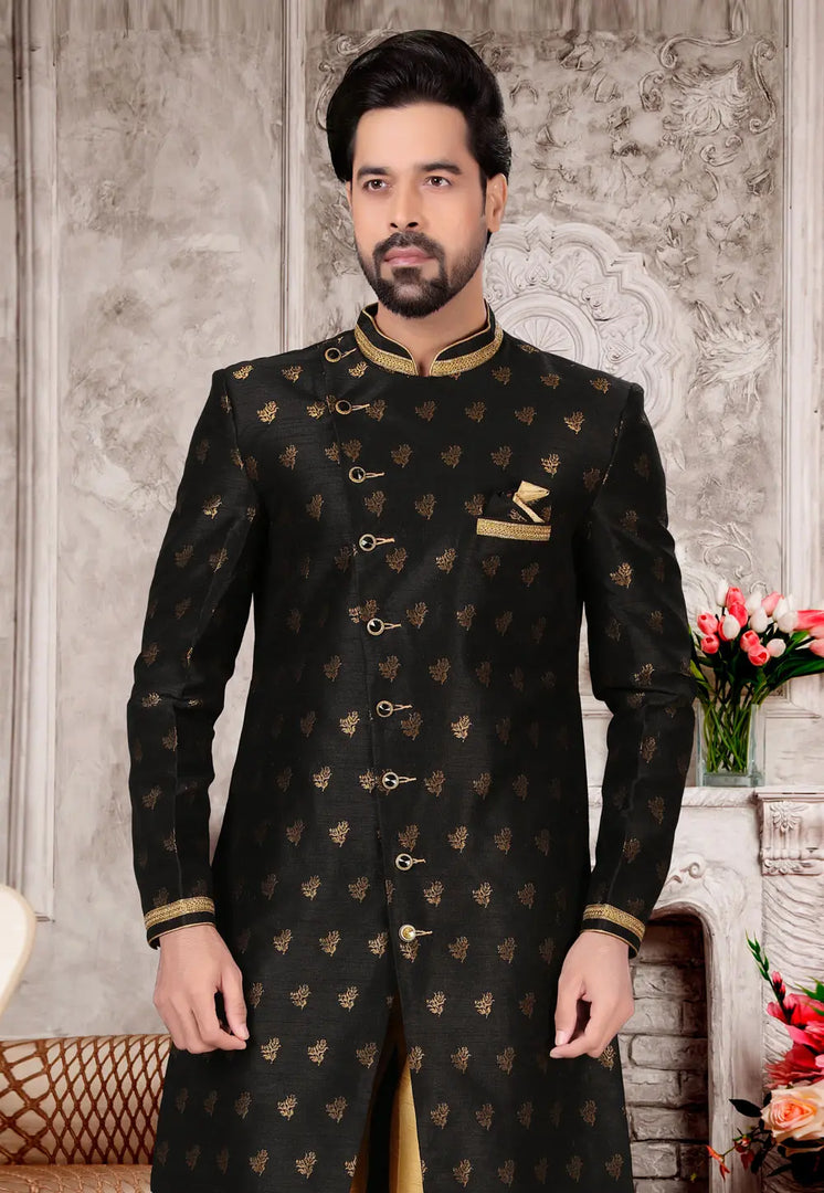 Black Jacquard Indo Western Suit