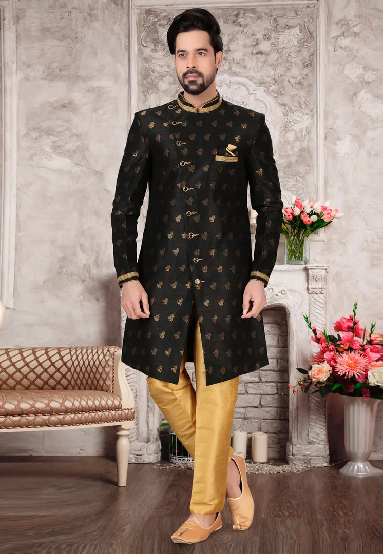 Black Jacquard Indo Western Suit