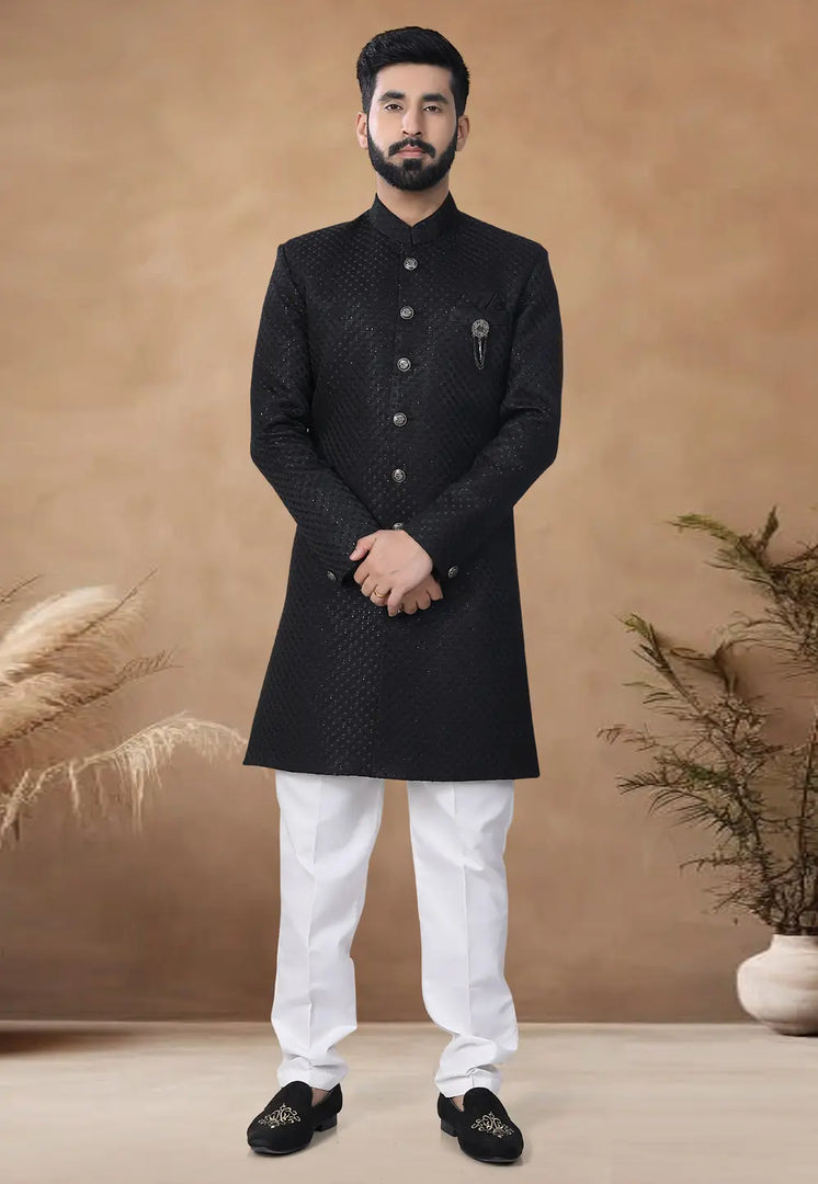 Black Jacquard Indo Western Suit