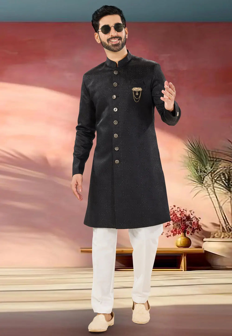 Black Jacquard Indo Western Suit