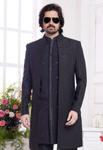 Load image into Gallery viewer, Black Jacquard Silk Jacket Style Sherwani
