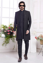 Load image into Gallery viewer, Black Jacquard Silk Jacket Style Sherwani
