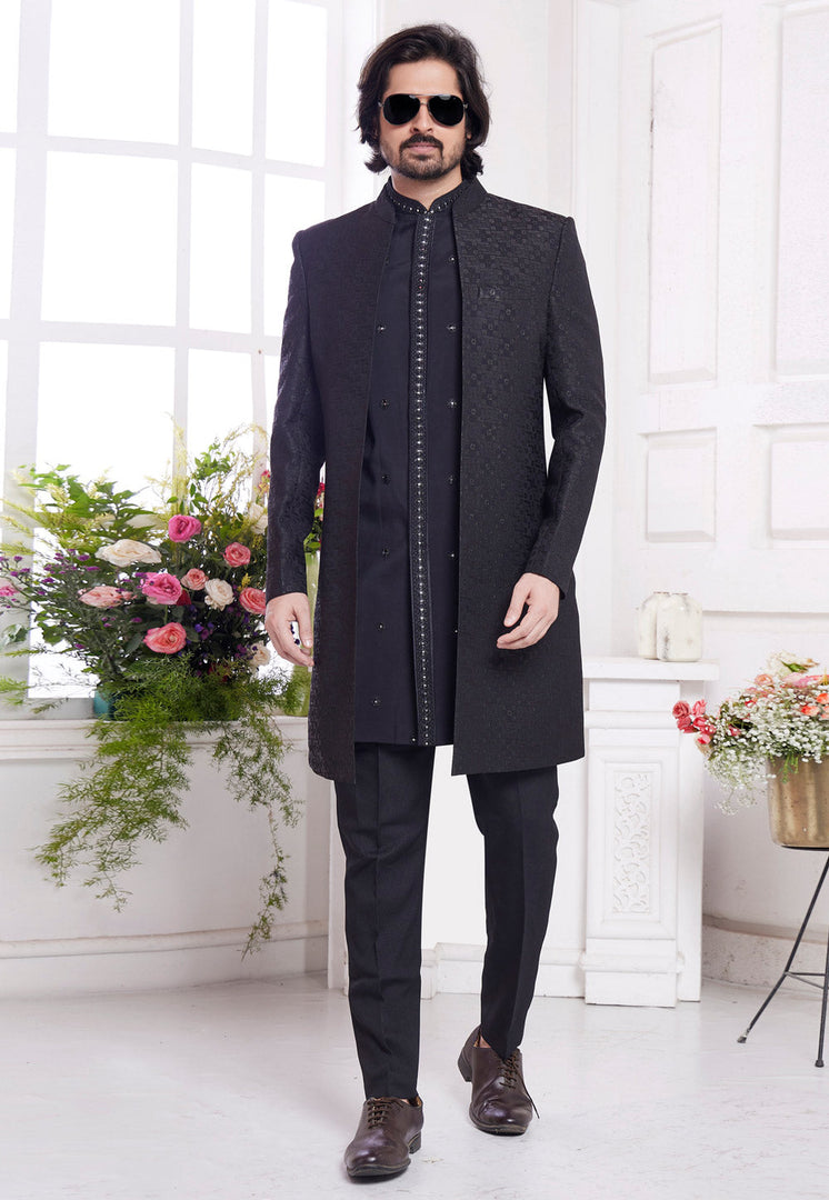 Black Jacquard Silk Jacket Style Sherwani