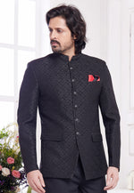 Load image into Gallery viewer, Black Jacquard Silk Jodhpuri Suit
