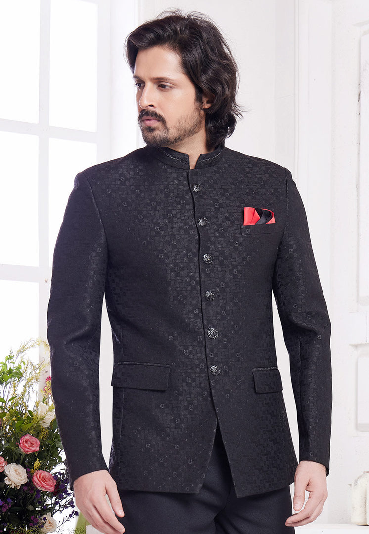 Black Jacquard Silk Jodhpuri Suit