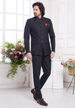 Load image into Gallery viewer, Black Jacquard Silk Jodhpuri Suit
