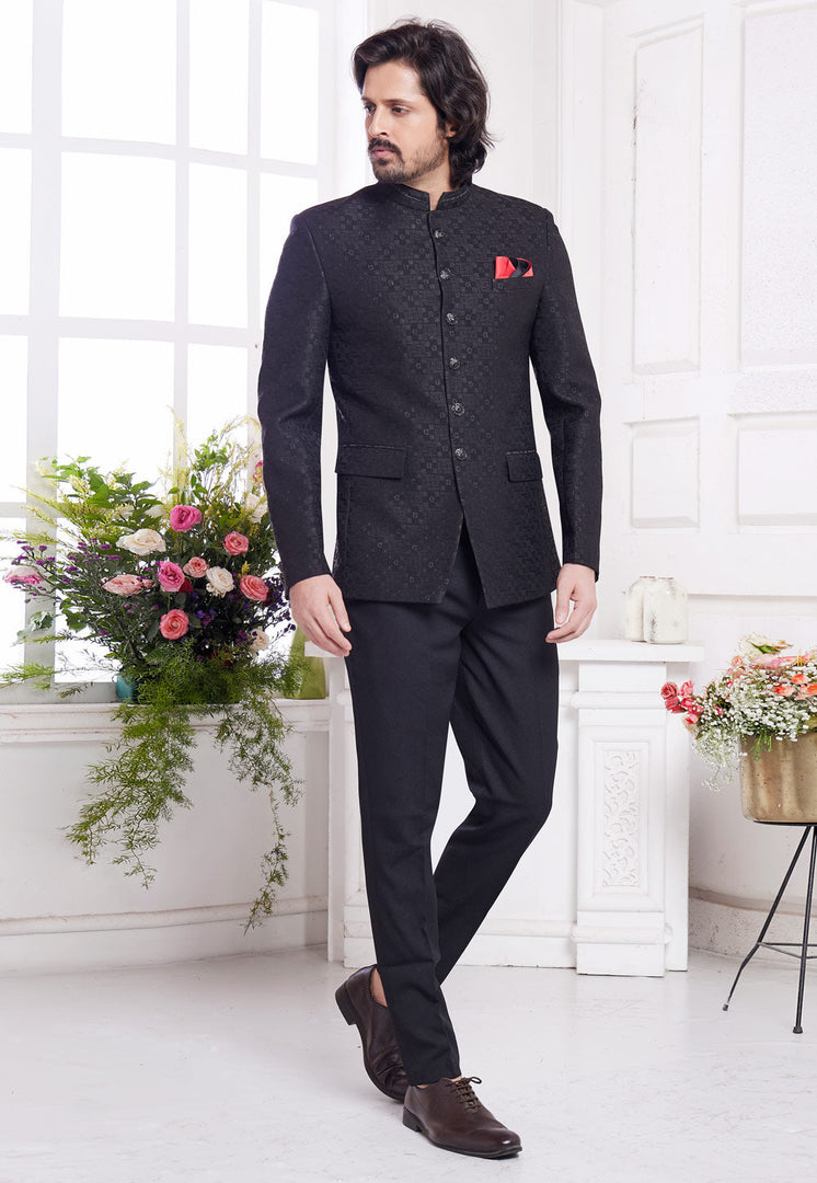 Black Jacquard Silk Jodhpuri Suit